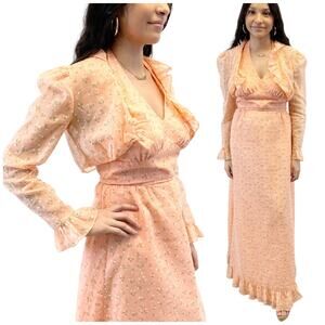 Vtg 70s Lorrie Deb Halter Maxi Dress Peach Daisy Floral Prom Cottagecore Size 10
